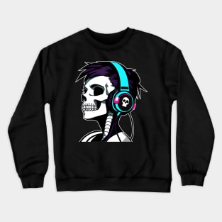 Girl Skull With Headphones, Violet, light blue | Listening Music Crewneck Sweatshirt